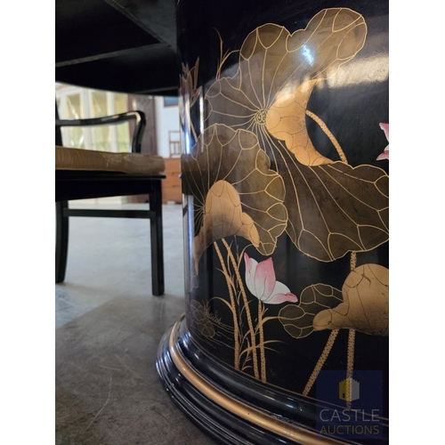 592M - Chinese Black Lacquer Dining Suite, Comprising an Oval Dining Table Over a Feature Pedestal Base, Or... 