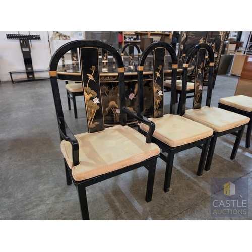 592M - Chinese Black Lacquer Dining Suite, Comprising an Oval Dining Table Over a Feature Pedestal Base, Or... 