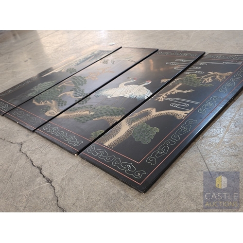 593M - Decorative Quadriptych, Set of 4 x Asian Taste Lacquer Wall Panels Forming a Continuous Scene, each ... 