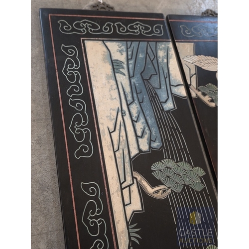 593M - Decorative Quadriptych, Set of 4 x Asian Taste Lacquer Wall Panels Forming a Continuous Scene, each ... 