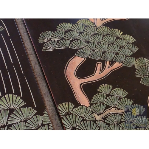 593M - Decorative Quadriptych, Set of 4 x Asian Taste Lacquer Wall Panels Forming a Continuous Scene, each ... 