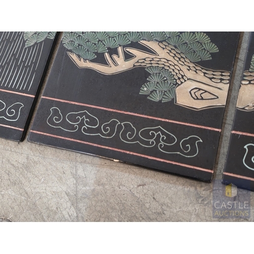 593M - Decorative Quadriptych, Set of 4 x Asian Taste Lacquer Wall Panels Forming a Continuous Scene, each ... 