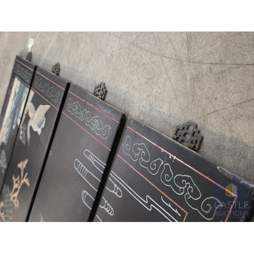 593M - Decorative Quadriptych, Set of 4 x Asian Taste Lacquer Wall Panels Forming a Continuous Scene, each ... 