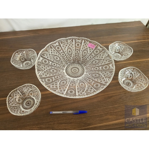 595M - Large Vintage Decorative Round Crystal Serving Bowl, (Approx. Ø: 36cm), Together with 4 x Matching B... 