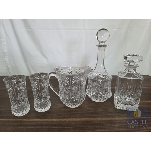 596M - Collection of Crystal Tableware; 2 x Decanters, Water Jug, and Pair of Glasses, (5), Noted couple sm... 