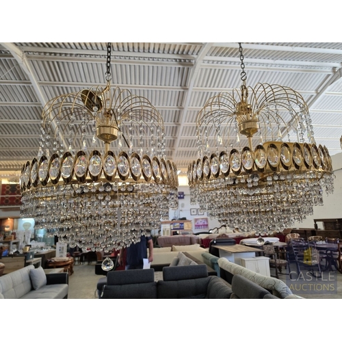 600M - Pair of Gilt Metal and Faceted Crystal Basket Chandeliers, Each with Oval Crystal Roundels Above Gra... 