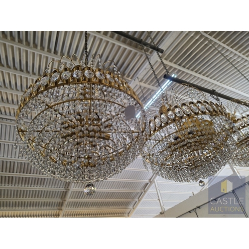 600M - Pair of Gilt Metal and Faceted Crystal Basket Chandeliers, Each with Oval Crystal Roundels Above Gra... 