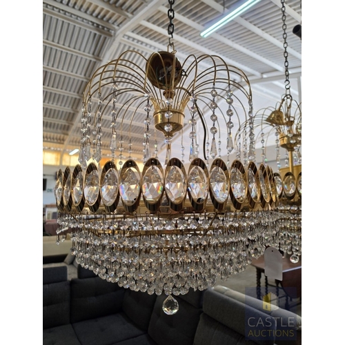600M - Pair of Gilt Metal and Faceted Crystal Basket Chandeliers, Each with Oval Crystal Roundels Above Gra... 