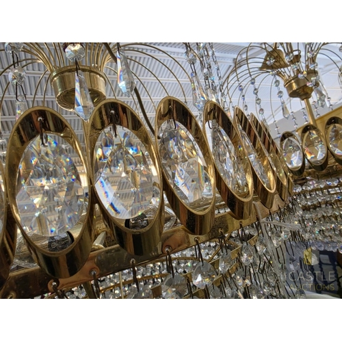 600M - Pair of Gilt Metal and Faceted Crystal Basket Chandeliers, Each with Oval Crystal Roundels Above Gra... 