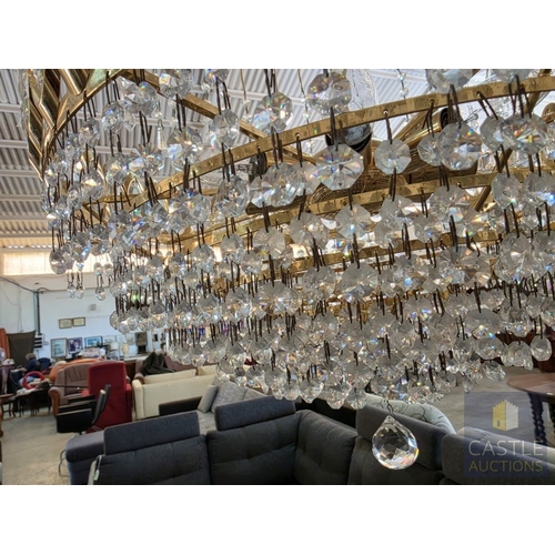 600M - Pair of Gilt Metal and Faceted Crystal Basket Chandeliers, Each with Oval Crystal Roundels Above Gra... 