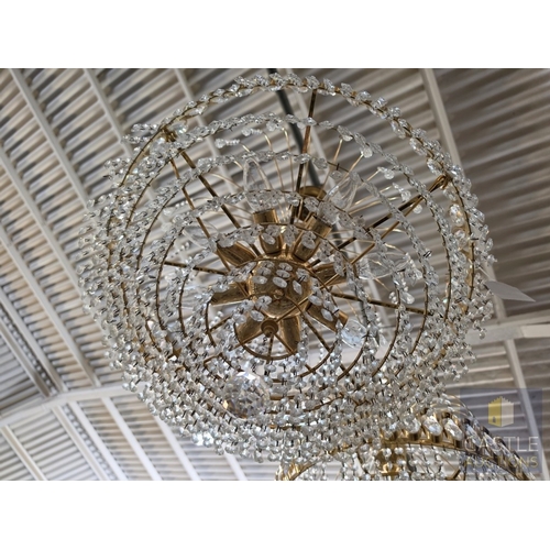 600M - Pair of Gilt Metal and Faceted Crystal Basket Chandeliers, Each with Oval Crystal Roundels Above Gra... 