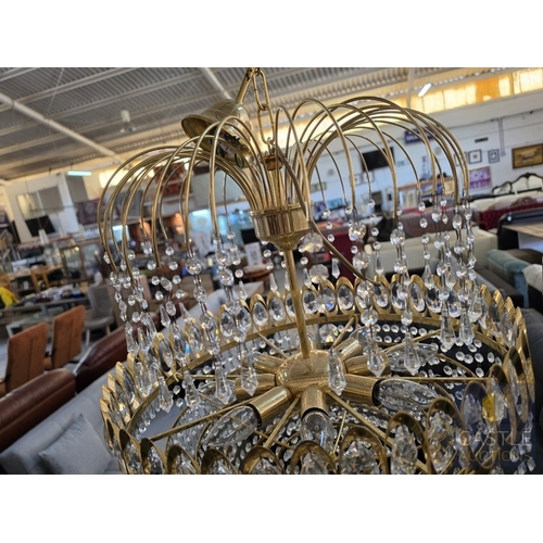 600M - Pair of Gilt Metal and Faceted Crystal Basket Chandeliers, Each with Oval Crystal Roundels Above Gra... 