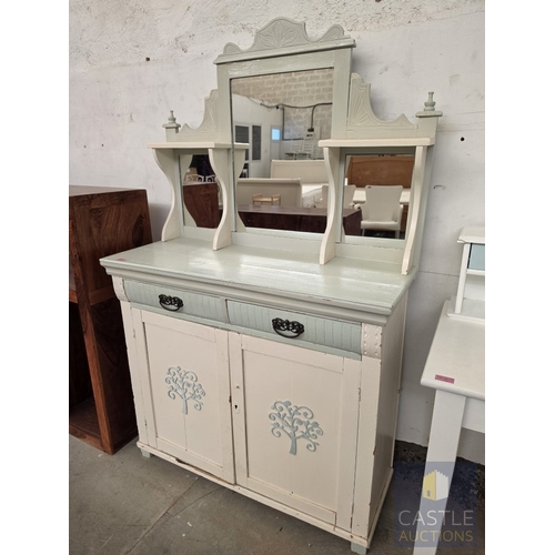 611M - Painted Country Style Dresser / Washstand; with Two Frieze Drawers Over Double Cupboard and 3-Part M... 