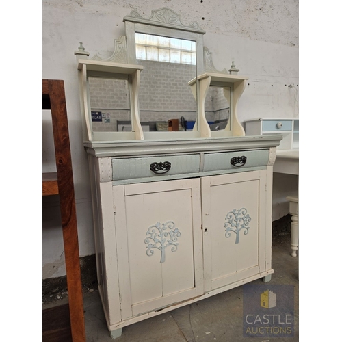 611M - Painted Country Style Dresser / Washstand; with Two Frieze Drawers Over Double Cupboard and 3-Part M... 