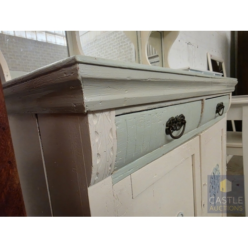 611M - Painted Country Style Dresser / Washstand; with Two Frieze Drawers Over Double Cupboard and 3-Part M... 