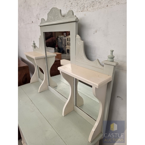 611M - Painted Country Style Dresser / Washstand; with Two Frieze Drawers Over Double Cupboard and 3-Part M... 