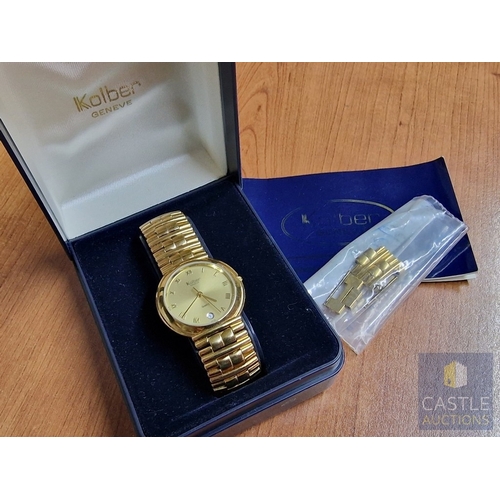 624M - KOLBER 18ct Gold Plated Gent's Wrist Watch with Bracelet Strap, Swiss Made, Quartz, * Running When L... 