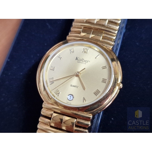 624M - KOLBER 18ct Gold Plated Gent's Wrist Watch with Bracelet Strap, Swiss Made, Quartz, * Running When L... 