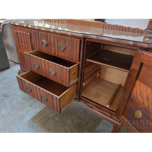 629M - Mid-Century South African Serpentine Front Sideboard by 'Bradlows Stores Ltd', with 3-Central Drawer... 