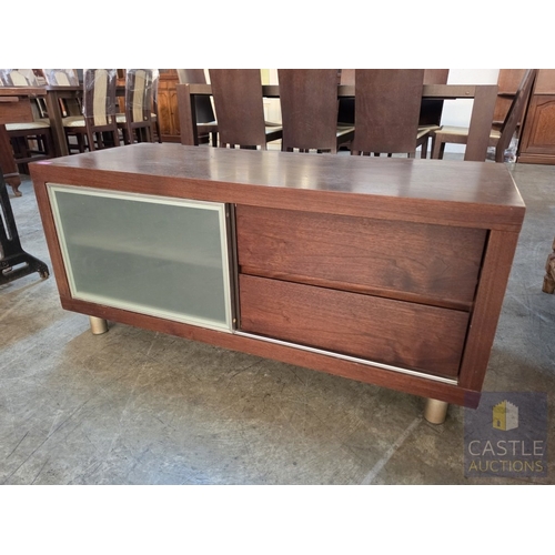 632M - Modern Wenge Colour TV Unit with Sliding Frosted Glass Front, Covering 2 x Open Media Shelves, or 2 ... 