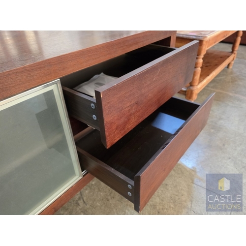 632M - Modern Wenge Colour TV Unit with Sliding Frosted Glass Front, Covering 2 x Open Media Shelves, or 2 ... 