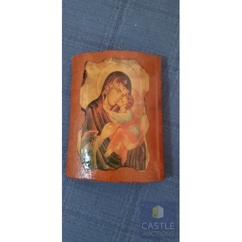 638M - Various Used Candles & Holders, A Metal Goblet & An Icon.