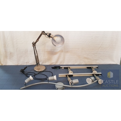 639M - Four Spotlight Ceiling Bar 2 x Spotlight Rails Together With An Ikea Chrome Adjustable Desk Lamp.