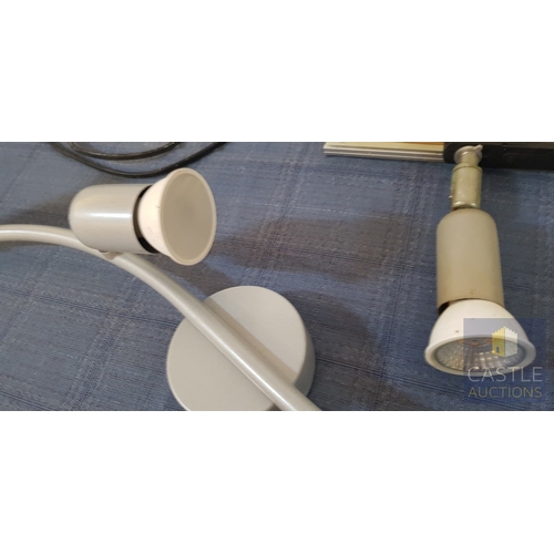 639M - Four Spotlight Ceiling Bar 2 x Spotlight Rails Together With An Ikea Chrome Adjustable Desk Lamp.