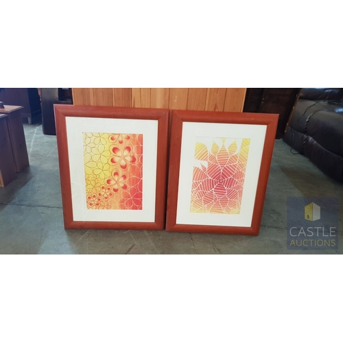 642M - 2 x Wooden Framed Bright / Colourful Abstract Floral Art Prints, Signed 'Leila '02', (Approx. 70cm x... 