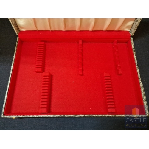 654M - Empty Fitted Cutlery Canteen, Black Leatherette Exterior with Cream Satin- Lined Lid and Red Velvet ... 