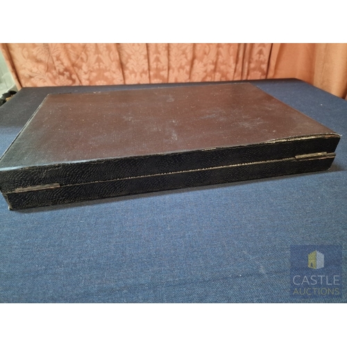 654M - Empty Fitted Cutlery Canteen, Black Leatherette Exterior with Cream Satin- Lined Lid and Red Velvet ... 