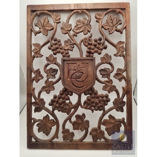 329L - Decorative Wood Effect Wall Plaque, with Openwork of Grape Vines and Leaves, Surrounding Central Mon... 