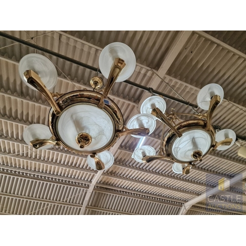 687N - Pair of Classical Style Gilt Metal Chandeliers, Each with 5 x Scrolling Arms and Frosted Glass Dish ... 