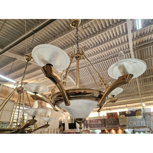 687N - Pair of Classical Style Gilt Metal Chandeliers, Each with 5 x Scrolling Arms and Frosted Glass Dish ... 