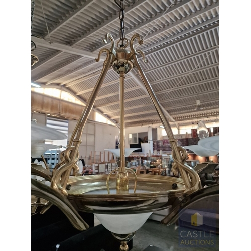 687N - Pair of Classical Style Gilt Metal Chandeliers, Each with 5 x Scrolling Arms and Frosted Glass Dish ... 