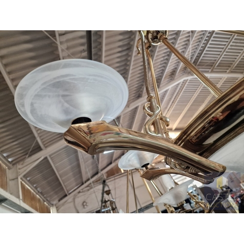 687N - Pair of Classical Style Gilt Metal Chandeliers, Each with 5 x Scrolling Arms and Frosted Glass Dish ... 