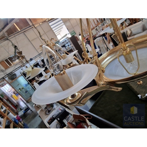 687N - Pair of Classical Style Gilt Metal Chandeliers, Each with 5 x Scrolling Arms and Frosted Glass Dish ... 