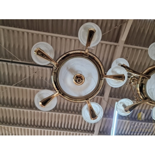 687N - Pair of Classical Style Gilt Metal Chandeliers, Each with 5 x Scrolling Arms and Frosted Glass Dish ... 