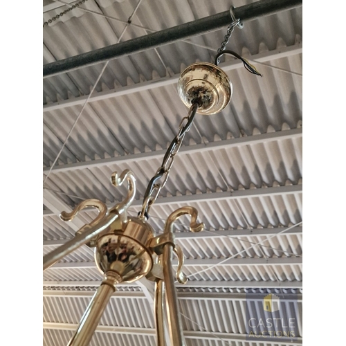 687N - Pair of Classical Style Gilt Metal Chandeliers, Each with 5 x Scrolling Arms and Frosted Glass Dish ... 
