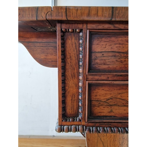 740F - Excellent Antique Rosewood Work Table, Circa 19th Century, Drop Leaf Table with 4-Cluster Column Ped... 