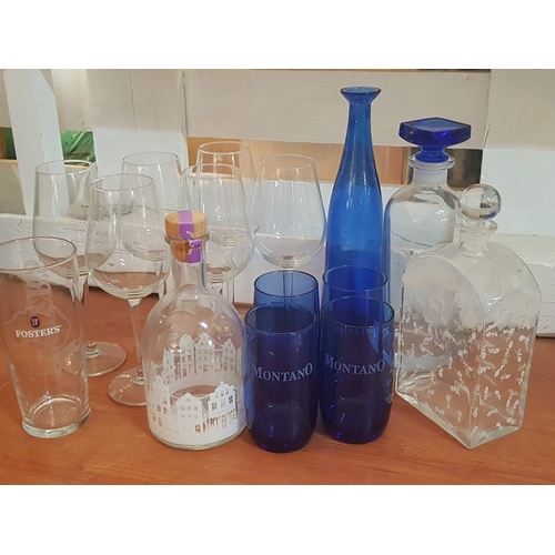 774J - Assorted Glassware; 4x Different Decanters, 4x Cobalt Blue Water Glasses, 6x Modern Wine Glasses, 1x... 
