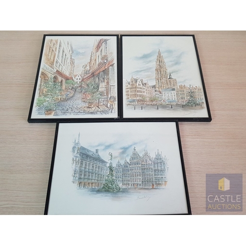 820J - Landscapes from Antwerp, Belgium, 3x Framed Prints after Watercolor Signed by Bernedetta Vos (Approx... 