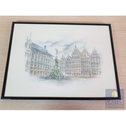 820J - Landscapes from Antwerp, Belgium, 3x Framed Prints after Watercolor Signed by Bernedetta Vos (Approx... 