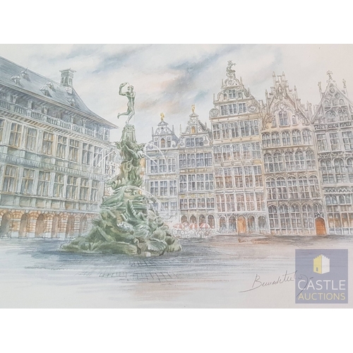 820J - Landscapes from Antwerp, Belgium, 3x Framed Prints after Watercolor Signed by Bernedetta Vos (Approx... 
