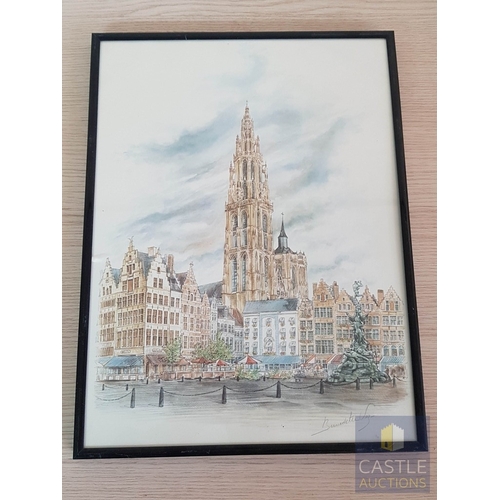 820J - Landscapes from Antwerp, Belgium, 3x Framed Prints after Watercolor Signed by Bernedetta Vos (Approx... 