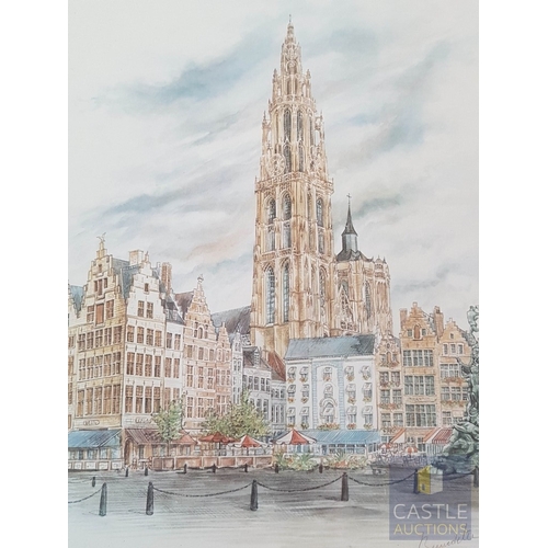 820J - Landscapes from Antwerp, Belgium, 3x Framed Prints after Watercolor Signed by Bernedetta Vos (Approx... 