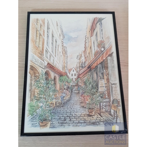 820J - Landscapes from Antwerp, Belgium, 3x Framed Prints after Watercolor Signed by Bernedetta Vos (Approx... 