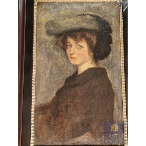 849P - Hungarian Early 20th Century Oil on Canvas Painting, Portrait of an Edwardian High-Society Lady with... 