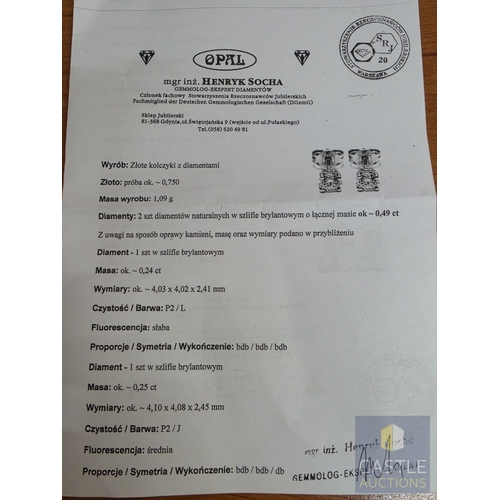 852P - Pair of 18ct Gold and Diamond Stud Earrings, (Approx. 0.5tcw, 1.1g) with gemmological certificate