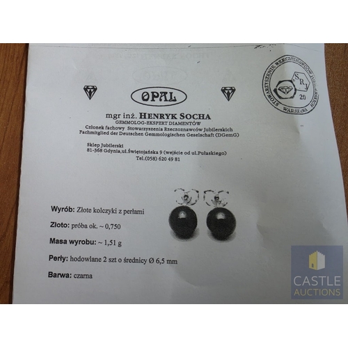 853P - Pair of 18ct White Gold Cultured Black Pearl Stud Earrings, the Pearls Approx. 6.5mm Diameter, Stamp... 